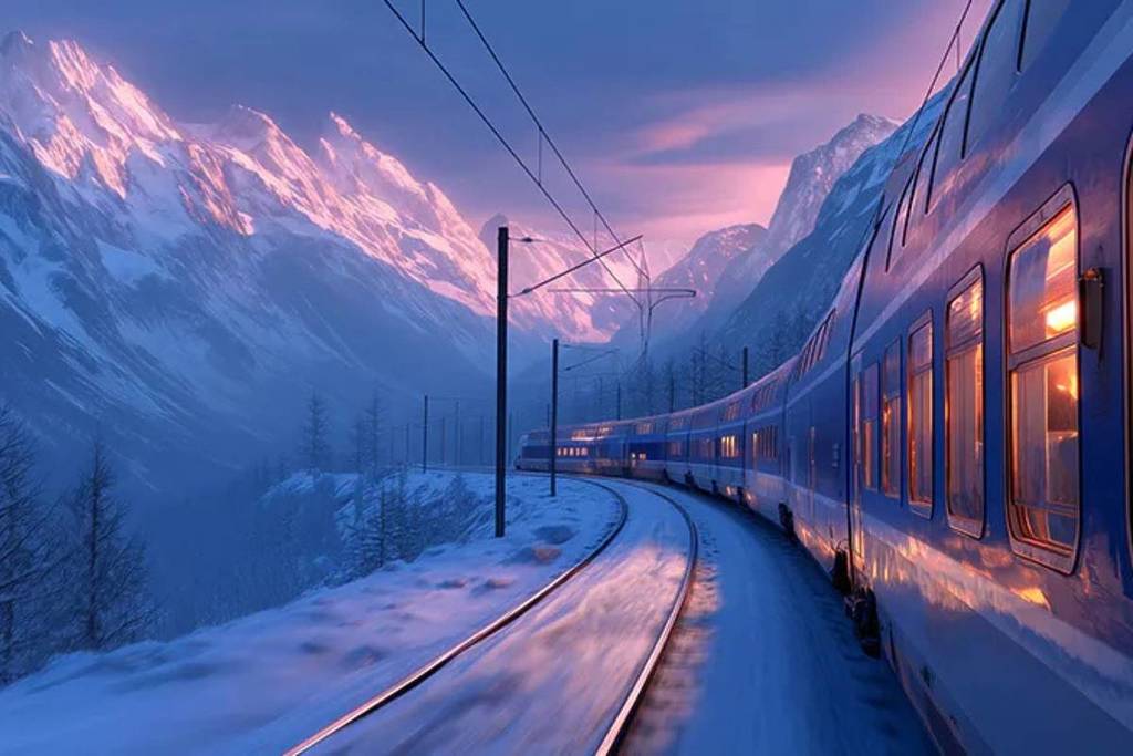 Un treno passeggeri viaggia sui binari innevati in una notte invernale, illuminato da luci blu e viola.