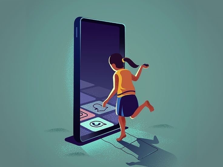 Illustrazione di una bambina che gioca a campana entrando in un grande smartphone con icone di app come caselle.