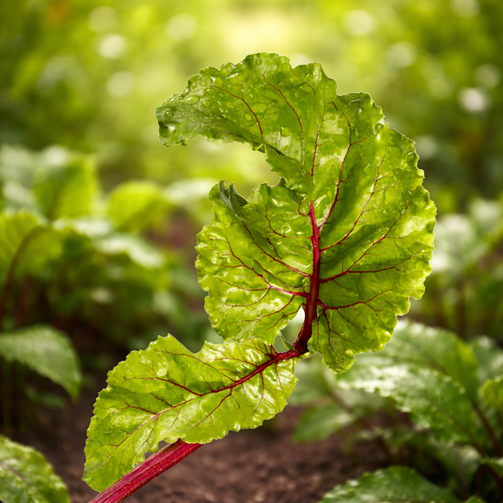 Foglia verde di bietola con venature rosse e gocce d’acqua, su sfondo naturale sfocato.