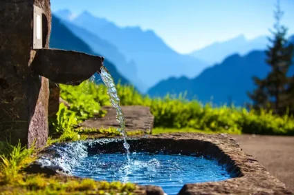 Sorgente d'acqua naturale in montagna.