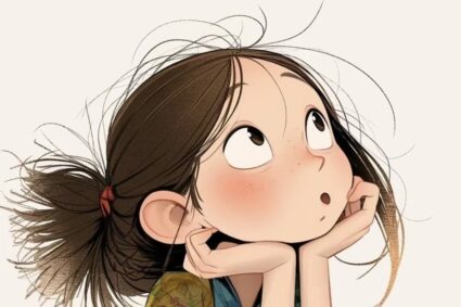 Illustrazione digitale di una bambina con capelli castani raccolti, che guarda verso l'alto con il mento appoggiato verso l'alto.