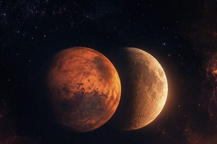 Illustrazione digitale che mostra il pianeta Marte e la Luna su uno sfondo spaziale scuro con stelle e nebulose.