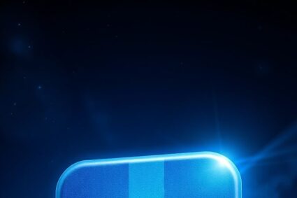 Icona blu tridimensionale con il vecchio logo di Facebook sospesa sopra una strada asfaltata illuminata di blu di notte.