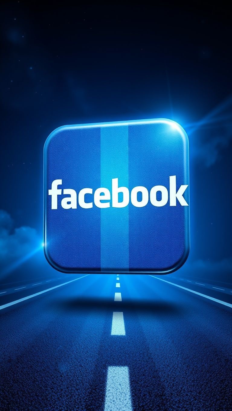 Icona blu tridimensionale con il vecchio logo di Facebook sospesa sopra una strada asfaltata illuminata di blu di notte.